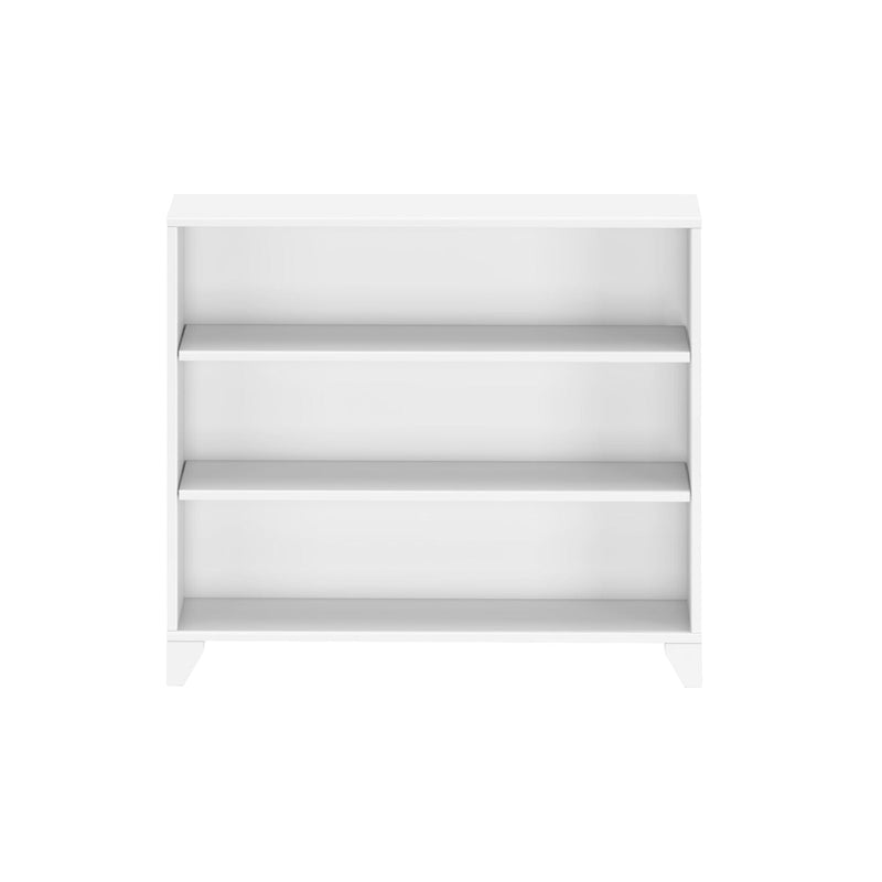 Minimalist white three-shelf bookcase with empty wooden shelves for storage in living room, bedroom, or office