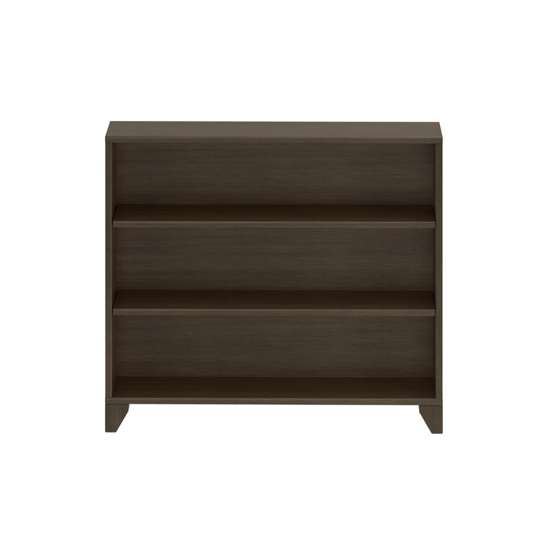 Dark brown wood 3-shelf bookcase with open storage and tapered legs, modern shelving unit for living room or bedroom on white background