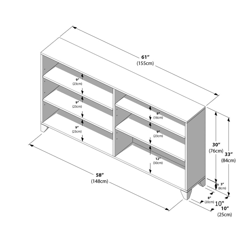 Blueprint-style diagram of a wooden media console/bookcase with open shelves and cubbies, labeled assembly dimensions in inches and centimeters (61" top, 58" base, 33" height) with shelf spacings of 9" and 12" for accurate measurements