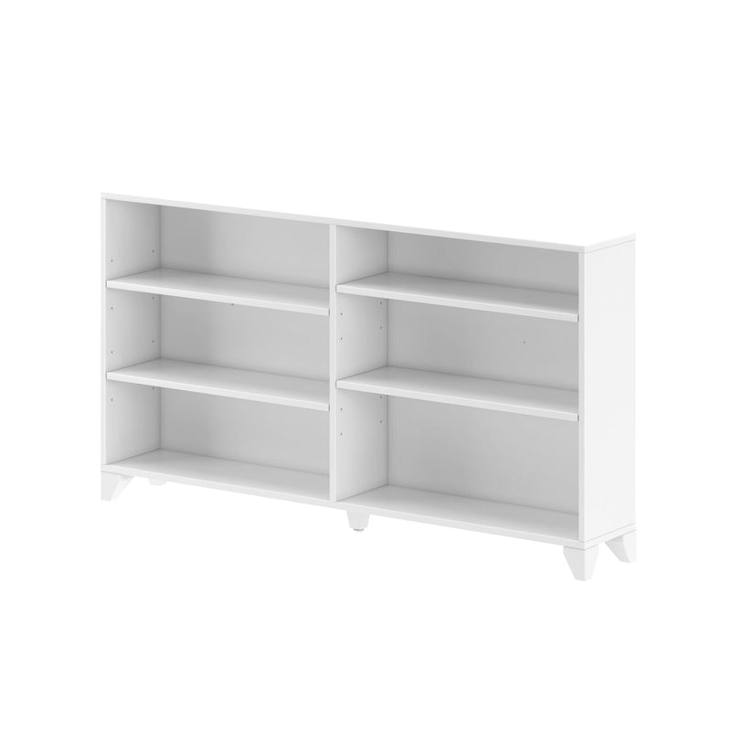 White modern two-column bookshelf with six open shelves and tapered legs, versatile storage unit for living room or office