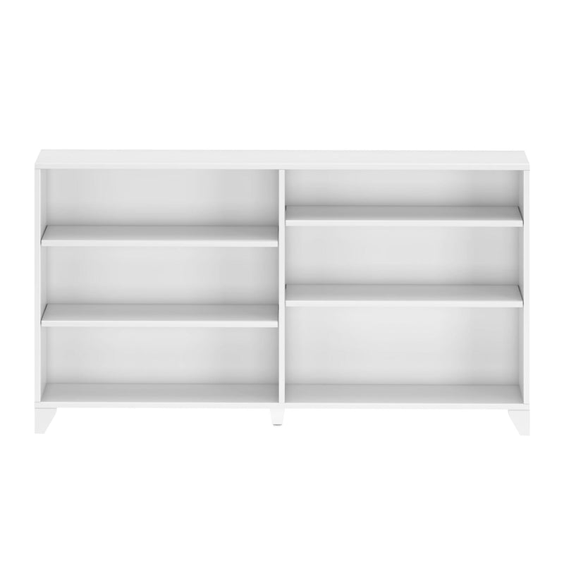 Modern white wooden storage cabinet with six open cubby shelves, minimalist bookshelf for living room, entryway, or office organization.