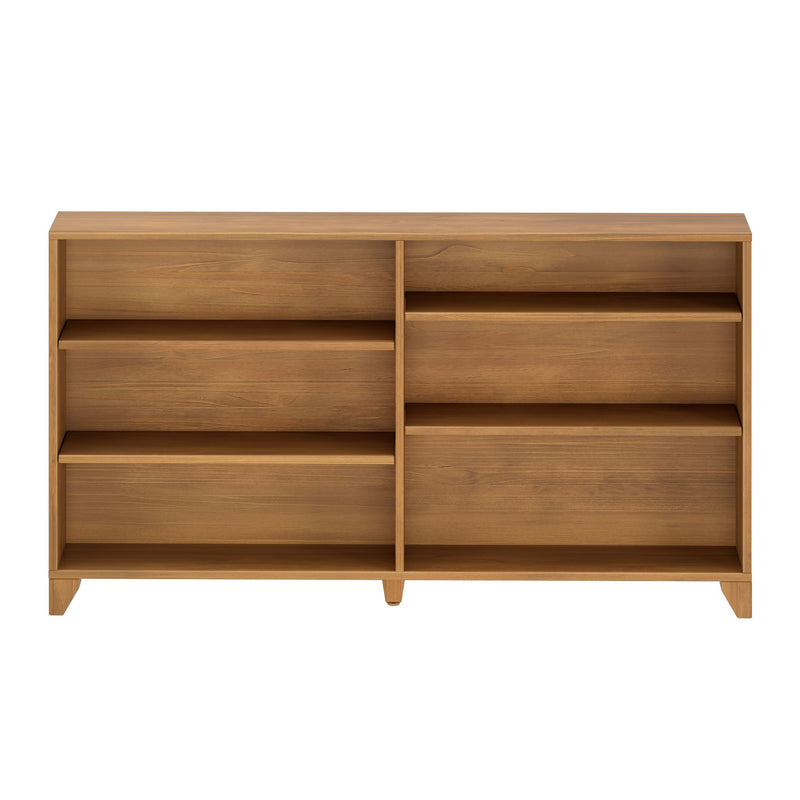 Natural oak bookshelf with open shelving, mid-century modern wooden bookcase with six compartments for minimalist home storage