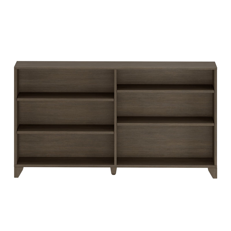 Modern dark walnut wooden dresser with six compartments and open shelves, mid-century tapered legs, minimalist bedroom storage cabinet
