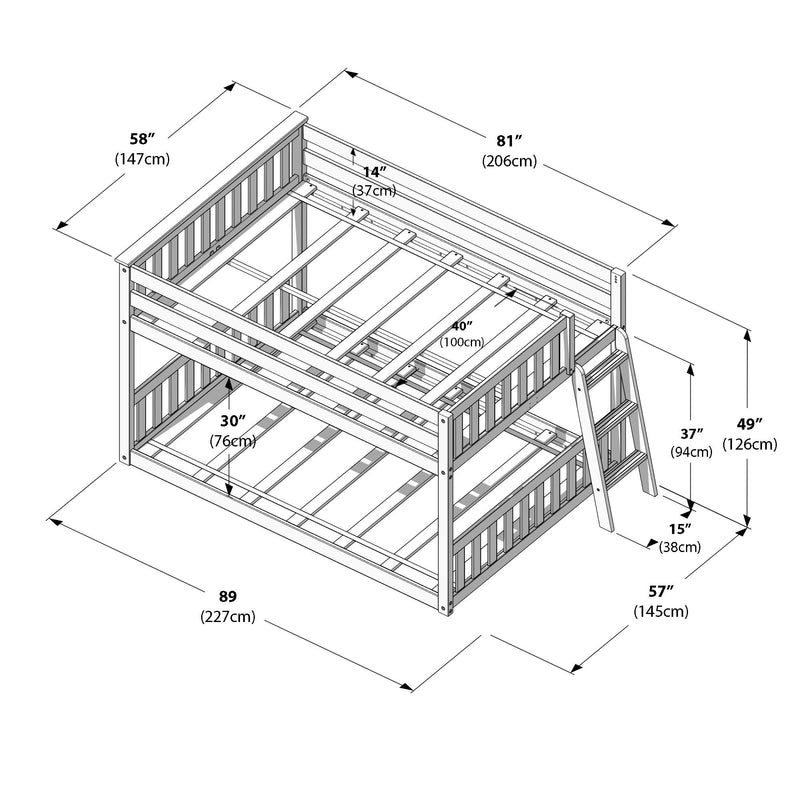 Wooden bunk bed frame dimensions diagram showing ladder, guardrails, slatted mattress supports and labeled measurements in inches and centimeters.