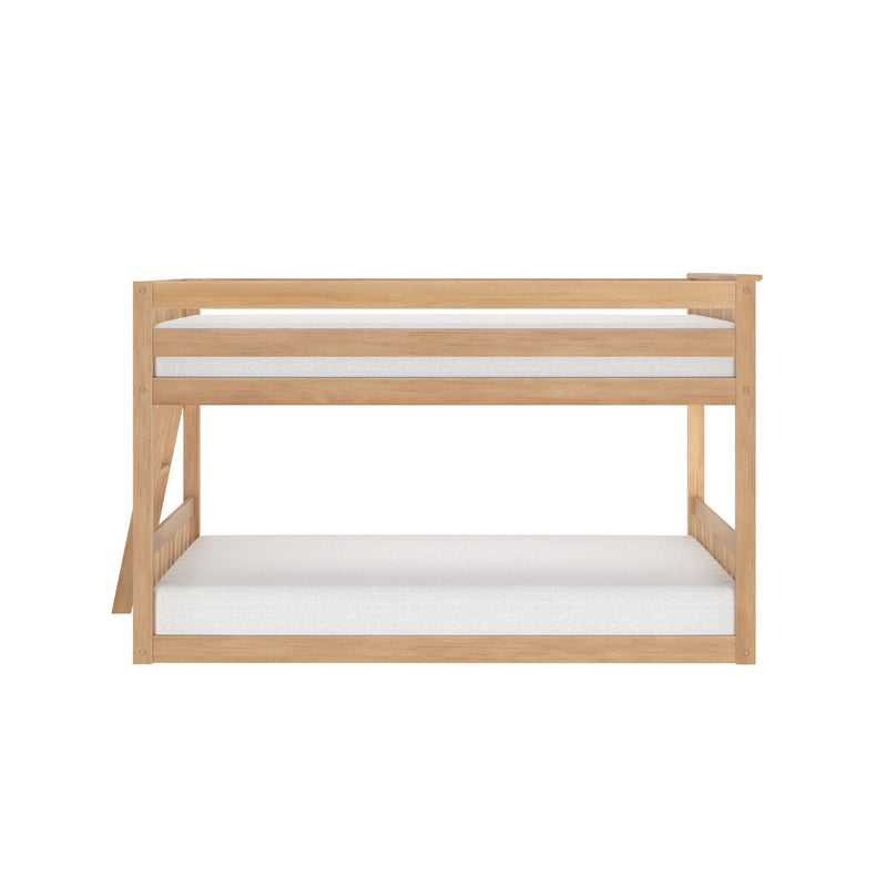 Natural wood bunk bed frame with white mattresses and slatted guardrail, minimalist modern children's bedroom furniture