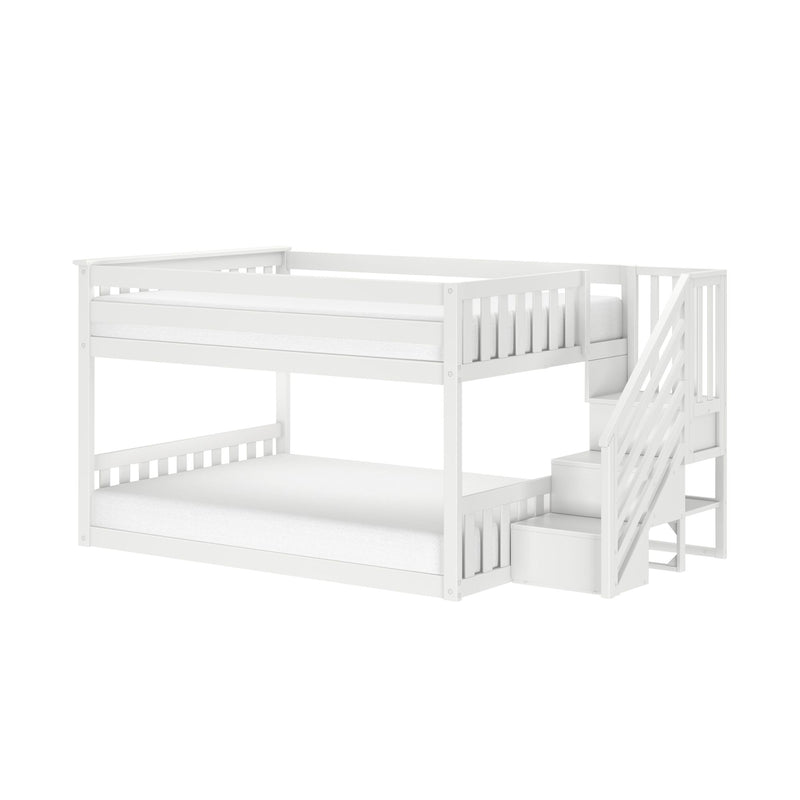 White wooden bunk bed with staircase, guardrails and built-in storage — modern kids loft bed for children's bedroom