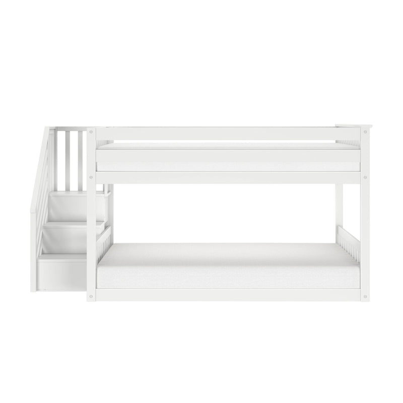 White wooden loft bunk bed with built-in staircase storage and upper guardrail, modern kids' bedroom furniture