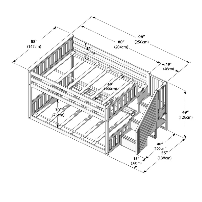 Technical assembly diagram of a wooden bunk bed frame with attached staircase, guardrails and slatted mattress supports showing detailed dimensions in inches and centimeters for assembly and fitment.