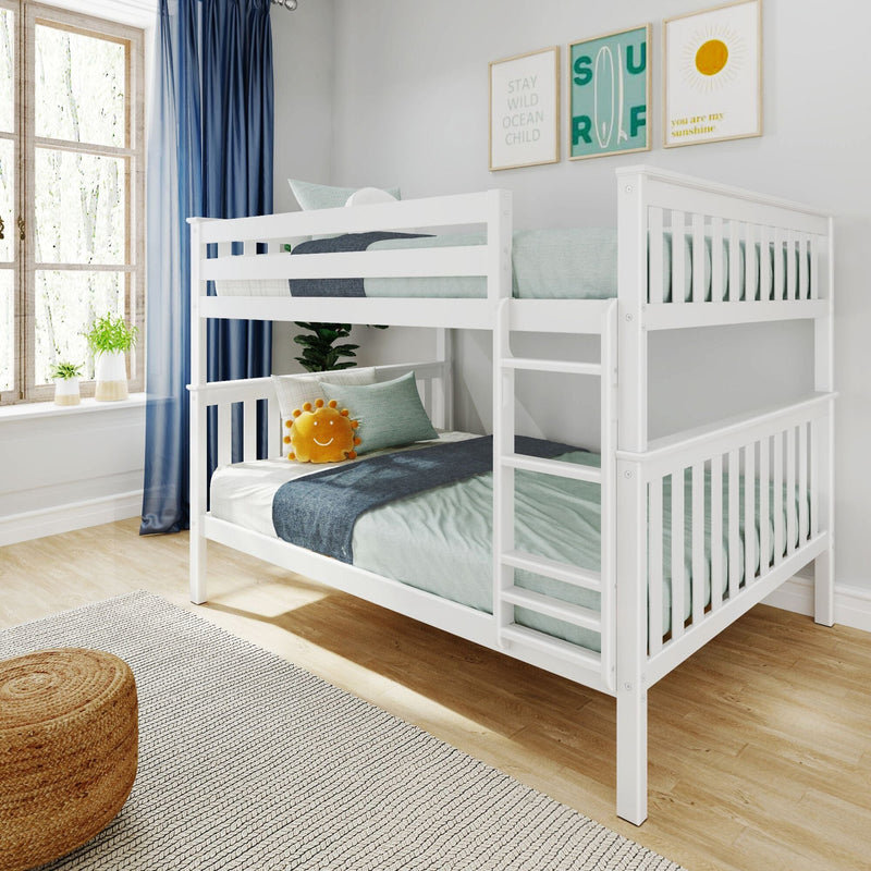 White wooden bunk bed in a bright kids' bedroom with mint bedding, navy curtains, coastal wall art, plants and a smiling sun plush