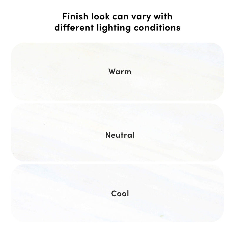 Marble-look tile finish samples showing how the surface varies under different lighting conditions labeled Warm, Neutral, Cool