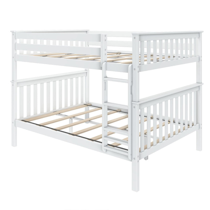 White wooden bunk bed frame with ladder and vertical slatted guardrails, loft-style design with wooden slat mattress support