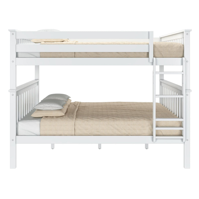 White wooden bunk bed with ladder and safety rails and beige textured bedding — space-saving kids bedroom furniture in modern farmhouse style