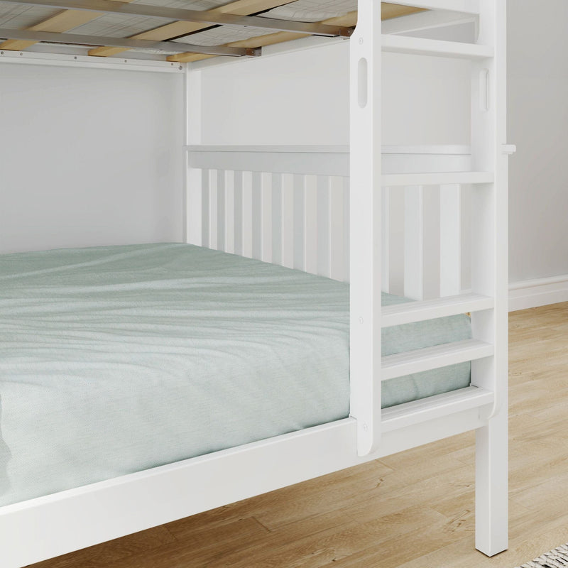 Close-up of a white wooden bunk bed ladder and slatted guardrail with mint green bedding on light hardwood floor in a modern children's bedroom
