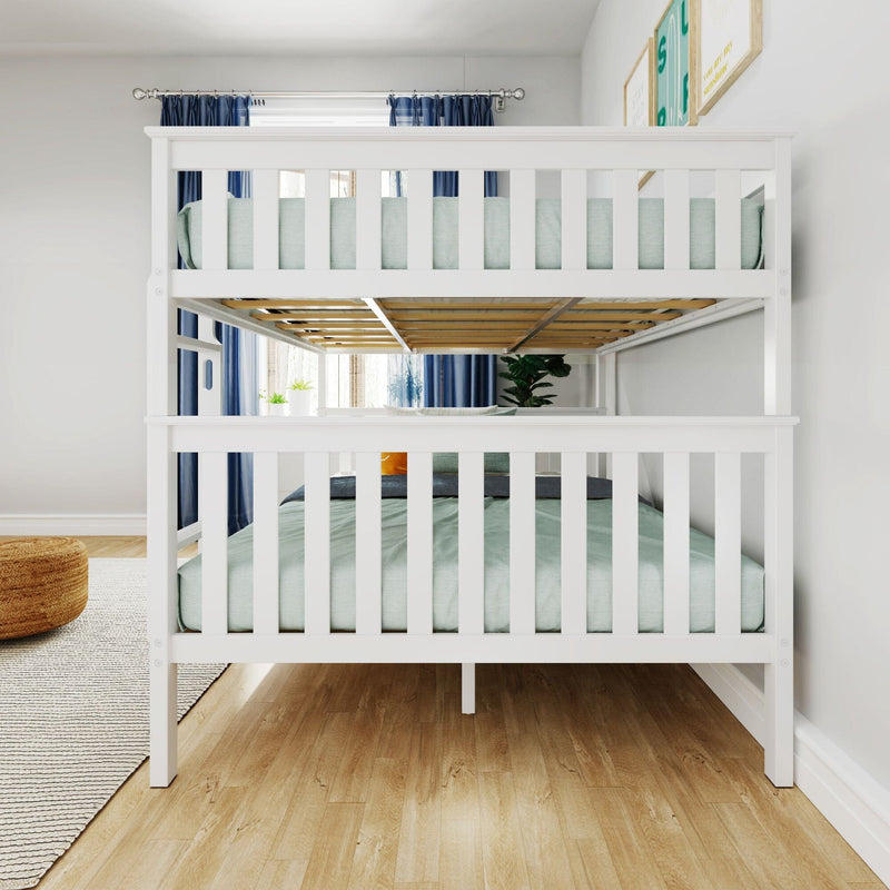 White wooden twin-over-twin bunk bed with mint bedding and blue curtains in a bright modern kids bedroom with hardwood floor