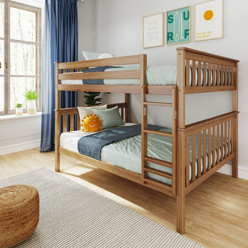 Wooden bunk bed in bright kids' bedroom with teal bedding, smiling sun plush, wall art, blue curtains and window plants