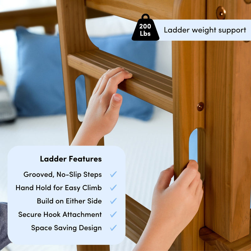 Child's hands on wooden bunk bed ladder with grooved no-slip steps, built-in handhold and secure hook, 200 lb weight capacity, space-saving design
