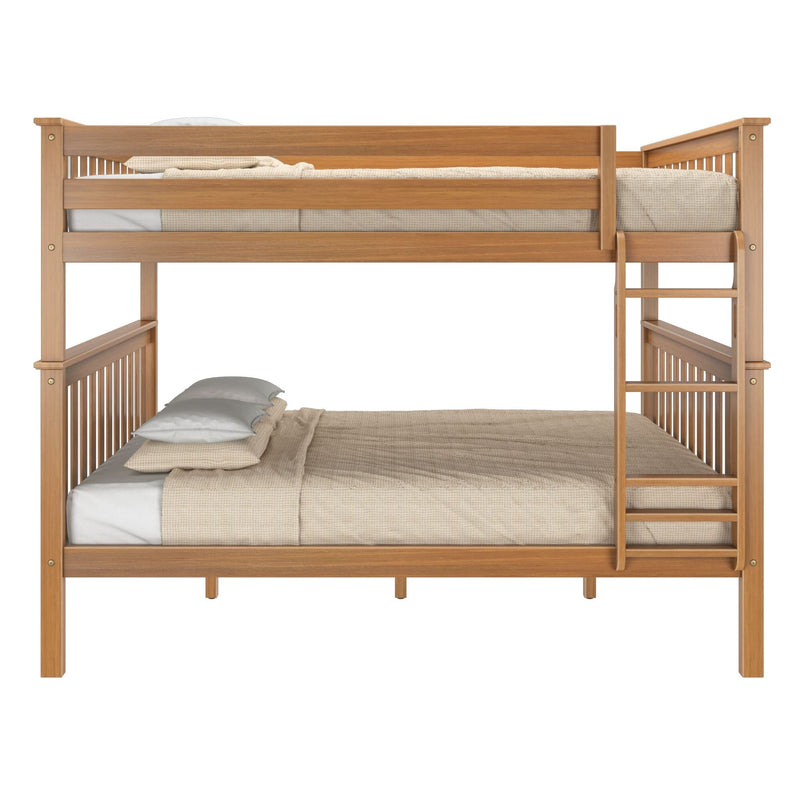 Twin-over-full oak bunk bed with ladder, slatted guardrails and beige textured bedding — natural wood loft bed for kids and guest rooms