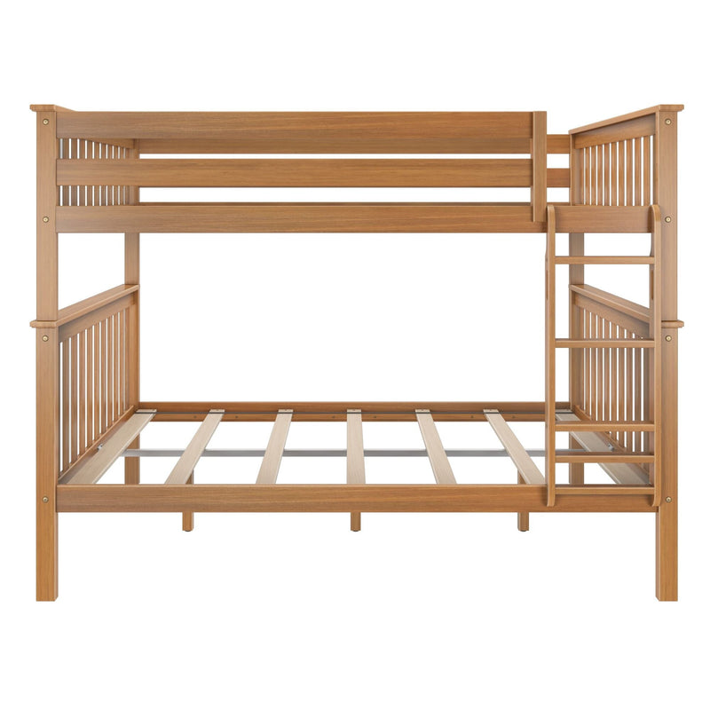 Wooden bunk bed frame in natural finish with integrated ladder, slatted guardrails and mattress supports, modern farmhouse style