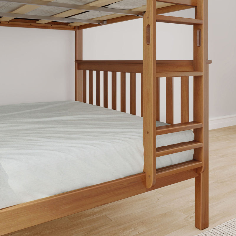 Close-up of a natural solid wood bunk bed ladder and slatted guardrail with light mattress on hardwood floor in a modern kids bedroom