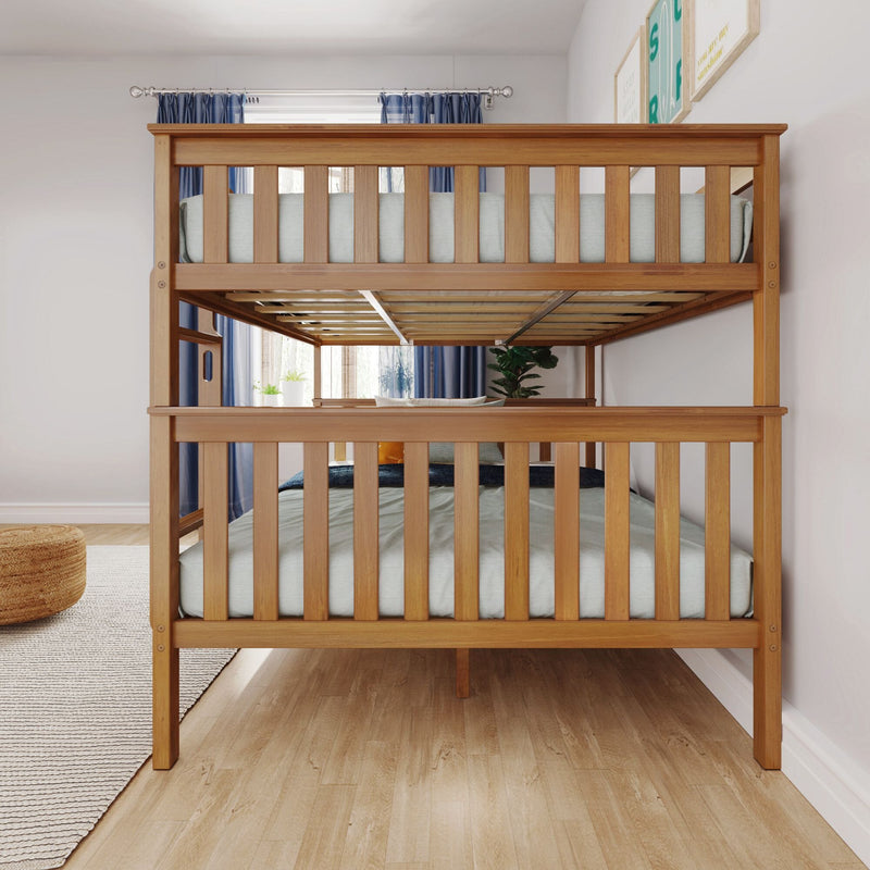 Solid wood bunk bed, space-saving loft design with slatted rails in a modern kids' bedroom with blue curtains and hardwood floor