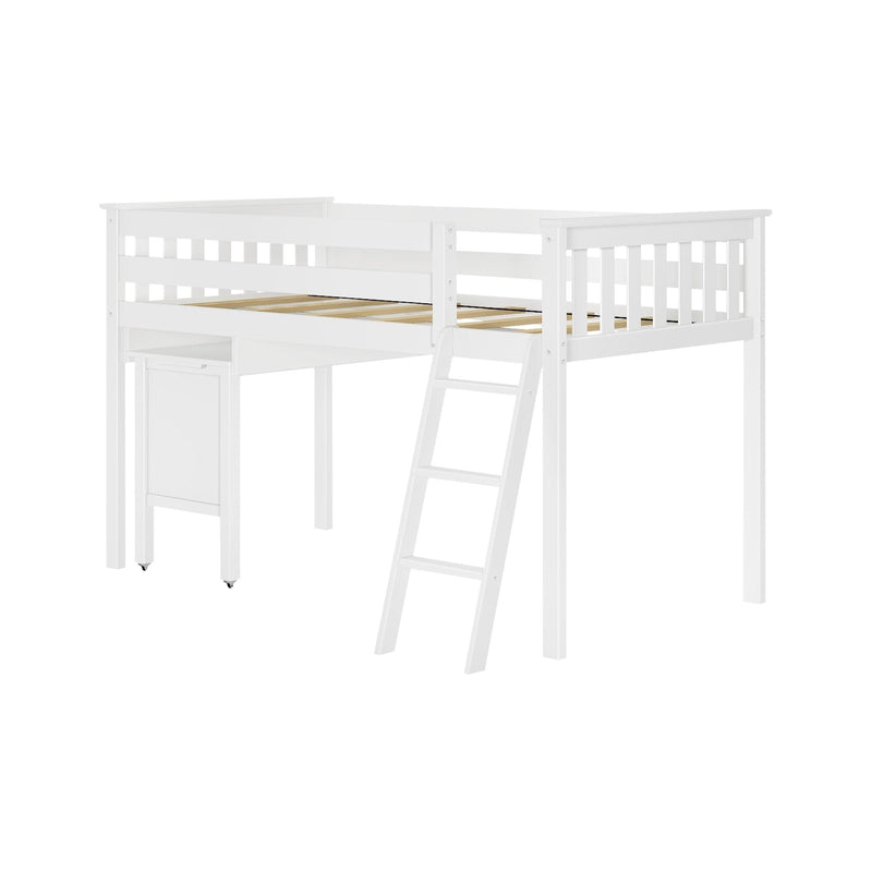 White wooden twin loft bed with ladder, safety guardrails, slatted mattress support and built-in desk with storage underneath — space-saving kids loft bed furniture