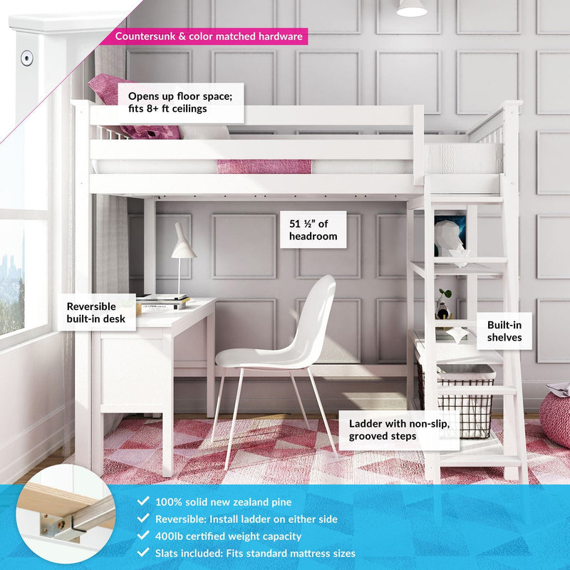 White solid New Zealand pine loft bed with built-in desk, shelves and ladder — reversible design fits 8+ ft ceilings, 400 lb capacity, pink accent decor