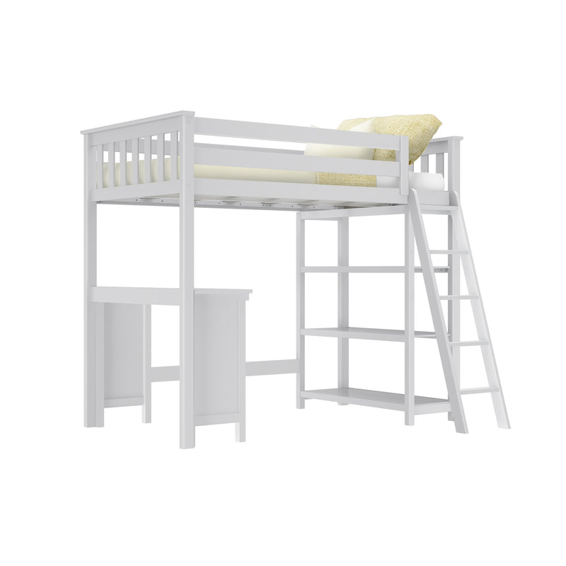 White wooden twin loft bed with ladder, guardrails and built-in shelving, styled with yellow pillows for kids' bedroom