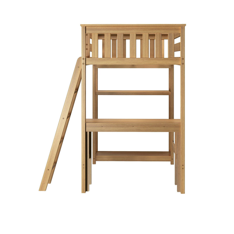 Light natural wood loft bed frame with angled ladder and slatted guardrail on white background — space-saving children's loft bed