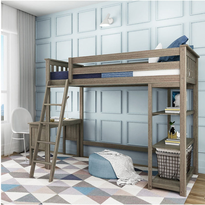 Twin wooden loft bed with ladder, built-in desk and open shelving in modern kids' bedroom with blue paneled wall and geometric rug