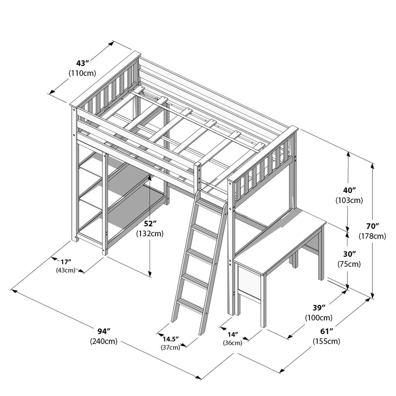 Isometric schematic of a wooden loft bed with ladder, built-in desk and open shelving, showing detailed measurements in inches and centimeters for room planning