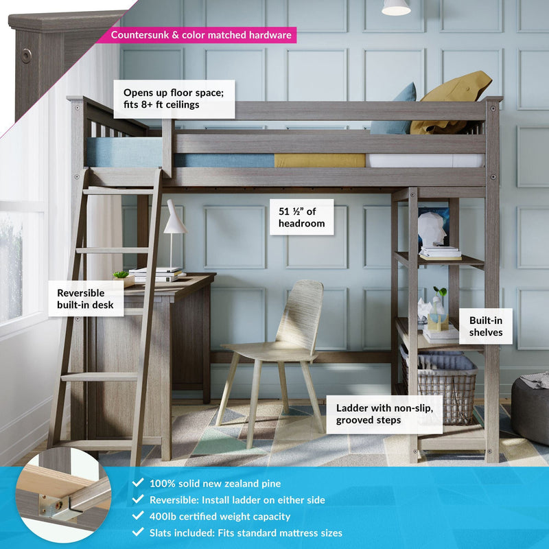 Gray solid New Zealand pine loft bed with built-in desk and shelves, reversible ladder, 400 lb certified capacity, space-saving design fits 8+ ft ceilings
