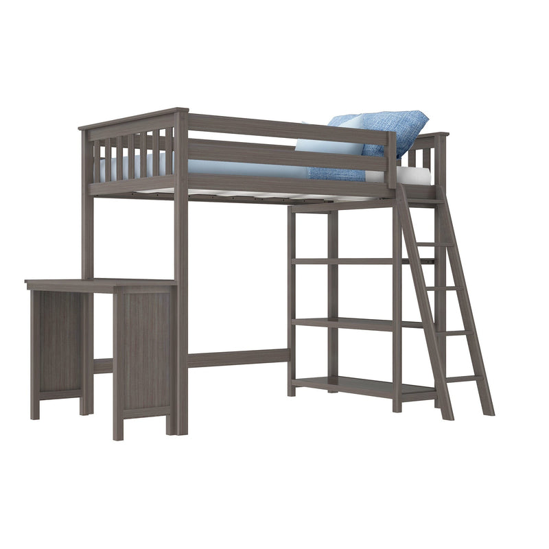 Gray wood loft bed with ladder, built-in desk and open shelving, space-saving modern kids or teen bedroom
