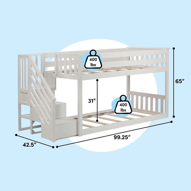 White wooden loft-style bunk bed with staircase storage and slatted mattress supports, 65″ H × 99.25″ L × 42.5″ D, 400 lb weight capacity per bunk