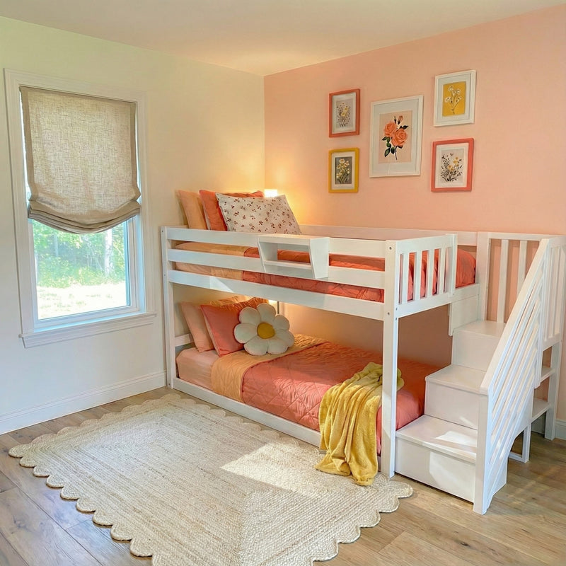 White wooden bunk bed in pastel pink kids' bedroom with coral bedding, daisy pillow, yellow throw and framed floral wall art