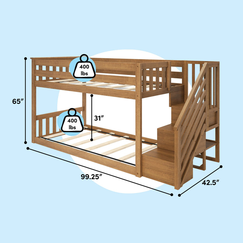 Solid wood twin-over-full bunk bed with staircase and built-in storage steps, slatted platform and safety rails in natural finish, 99.25" L x 42.5" W x 65" H overall, 31" lower clearance, 400 lb weight capacity per bed—space-saving loft-style bedroom solution for kids and teens