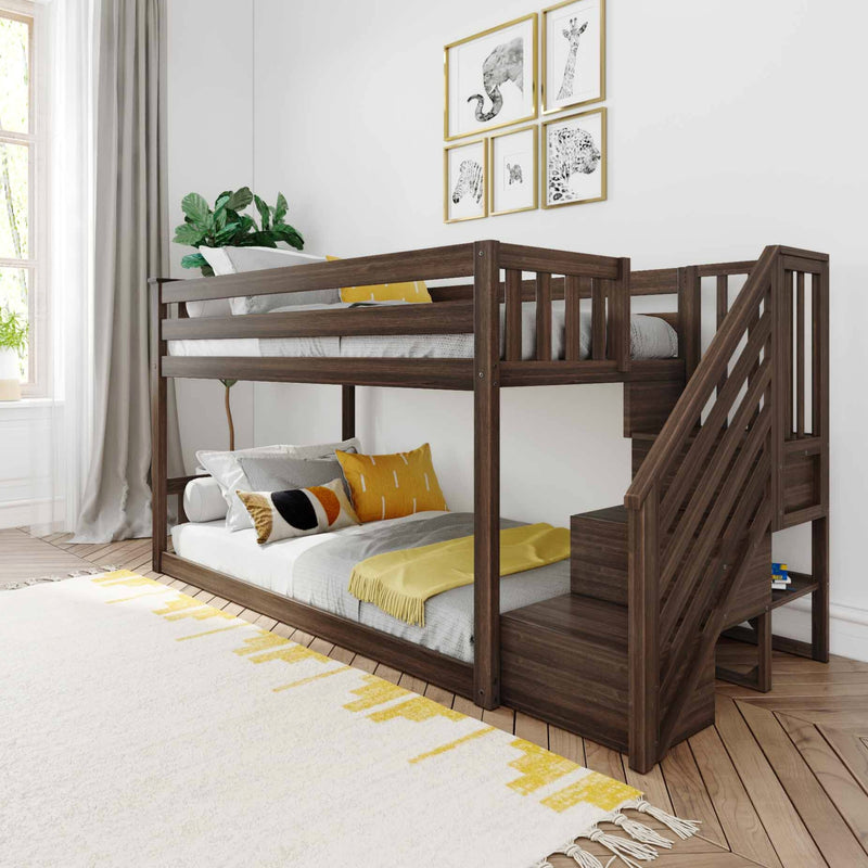 Wooden bunk bed with staircase in a modern kids' bedroom with yellow accents, neutral bedding, gallery wall art and a potted plant by a bright window