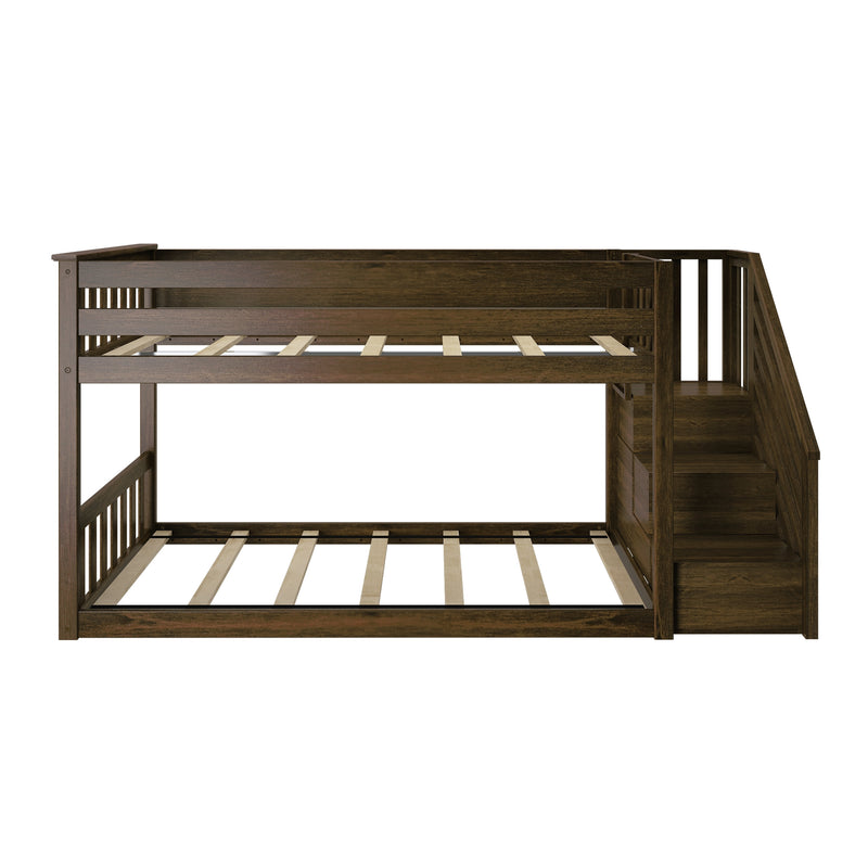 Dark espresso wooden twin-over-full bunk bed with built-in staircase and storage, slatted platform mattress support, space-saving kids bedroom furniture