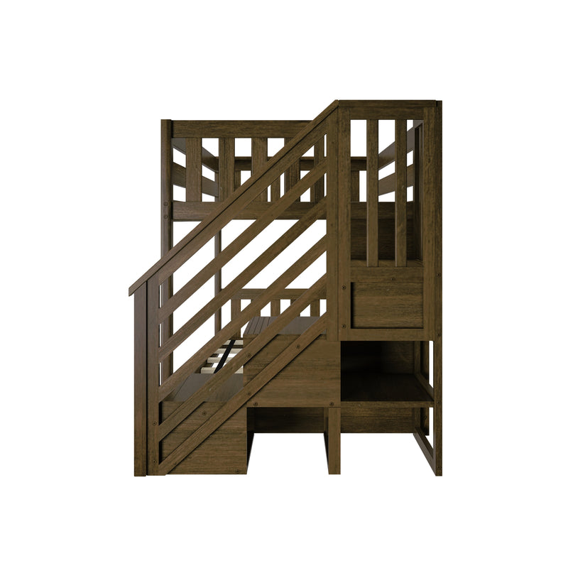 Dark brown wooden staircase with diagonal slatted railing and vertical balusters, loft-style bed frame detail