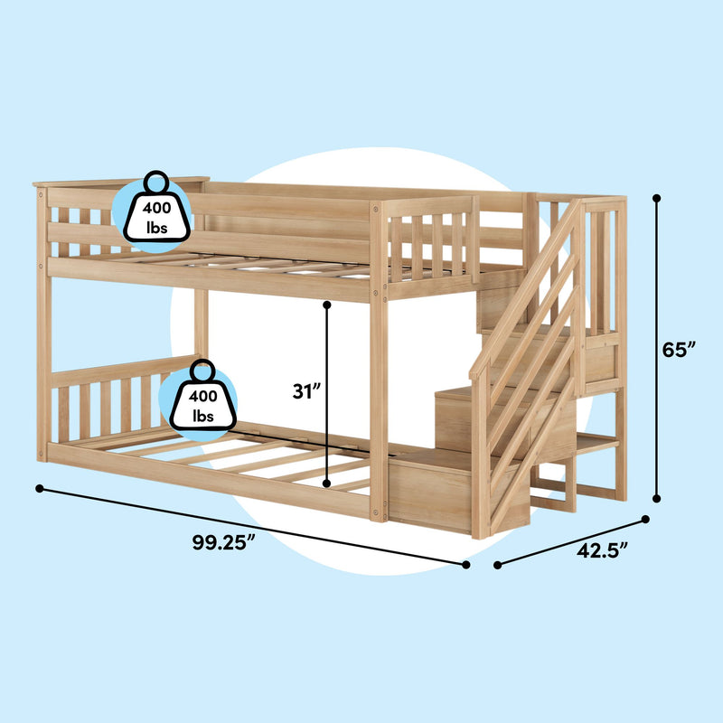 Natural wood twin-over-full bunk bed with stair storage, slatted twin loft and full bottom frames, 99.25 in L × 42.5 in W × 65 in H dimensions and 400 lb weight capacity icons — space-saving kids' bedroom furniture