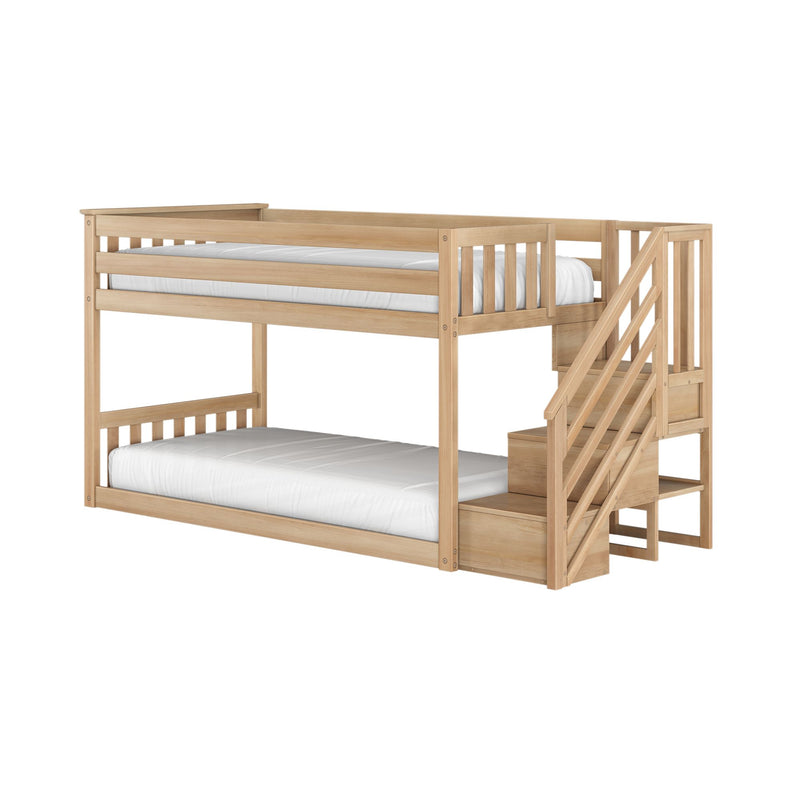 Twin-over-twin wooden bunk bed with built-in stairs and slatted guardrails in light natural wood finish with white mattresses