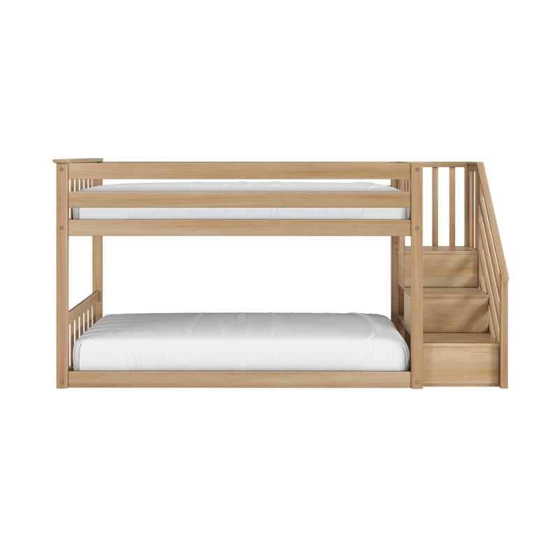 Solid wood twin-over-full bunk bed with built-in staircase and storage drawers in natural oak finish with white mattresses, modern kids loft bed