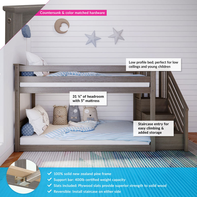 Twin Over Twin Low Bunk Bed With Stairs