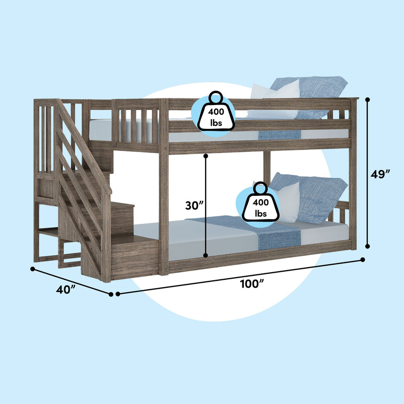 Gray wood twin-over-full bunk bed with built-in staircase storage, guardrails and mattress, 400 lb weight capacity per bed, 49″ height, 100″ length and 40″ depth — kids’ loft bunk bed