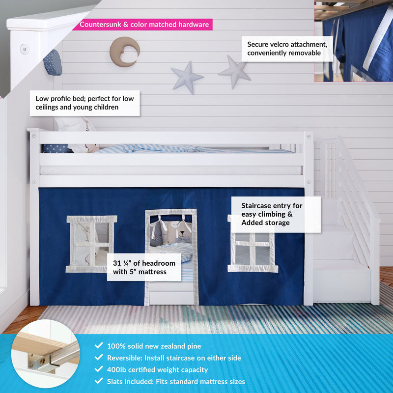 Low-profile white kids loft bed with blue playhouse curtain and staircase, solid New Zealand pine slatted frame, countersunk hardware and 400 lb capacity