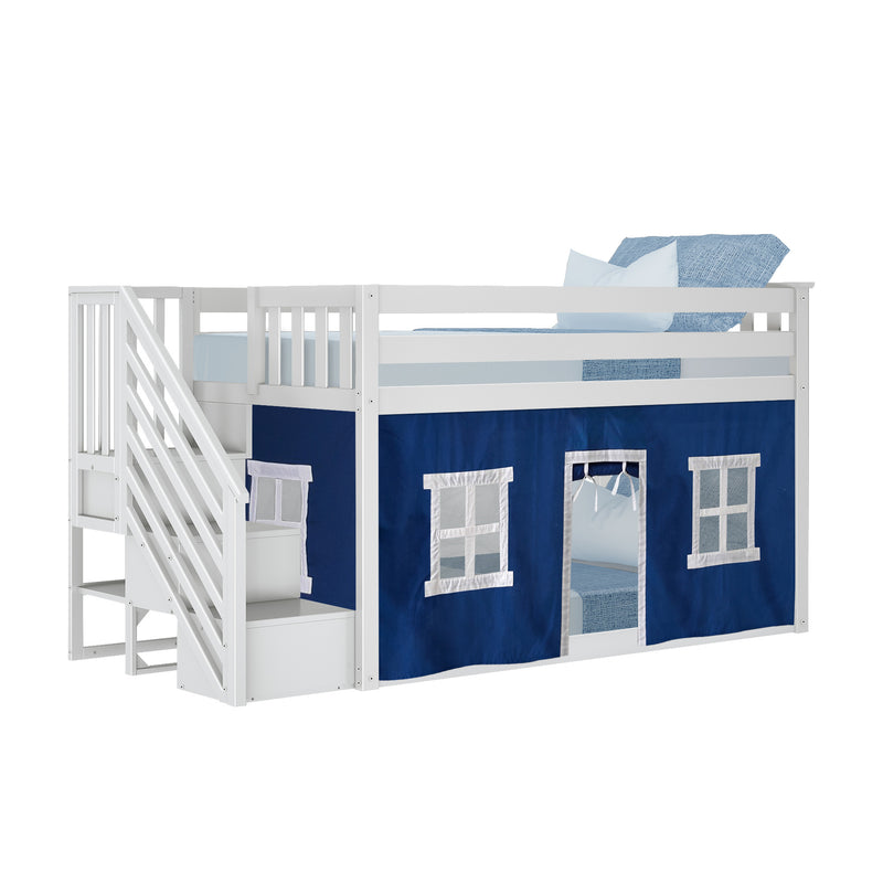 White kids loft bed with staircase and storage, navy blue play-tent curtain and light blue bedding — space-saving twin loft bed for children's bedroom