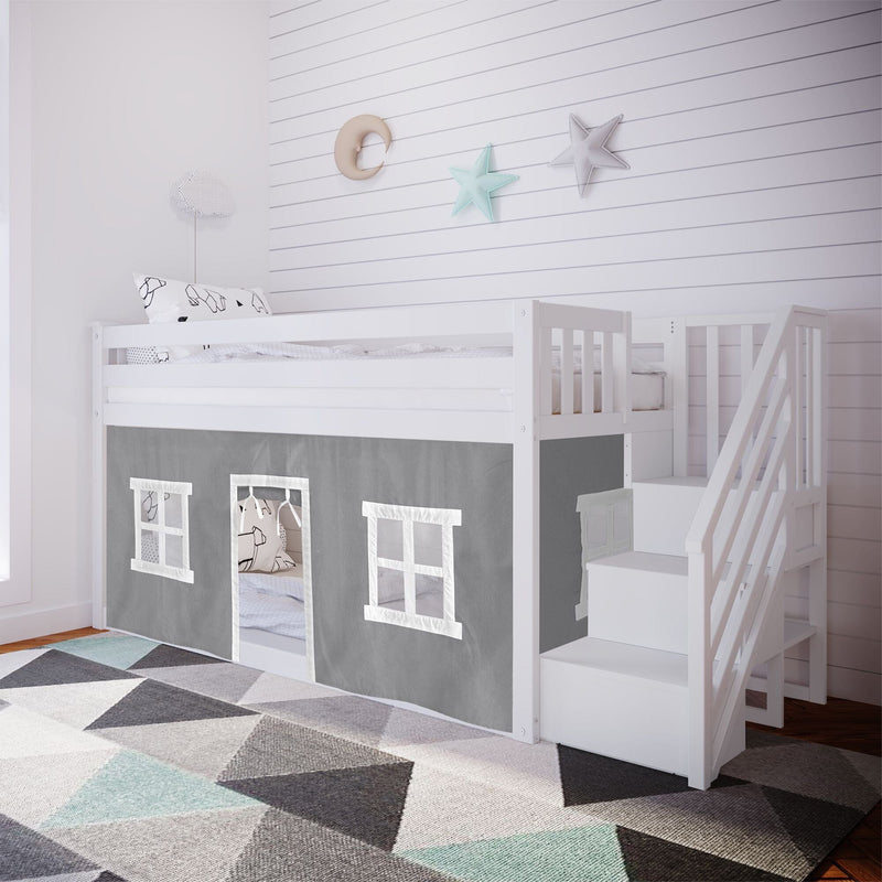 Twin over Twin Low Bunk Bed with Staircase and Curtains