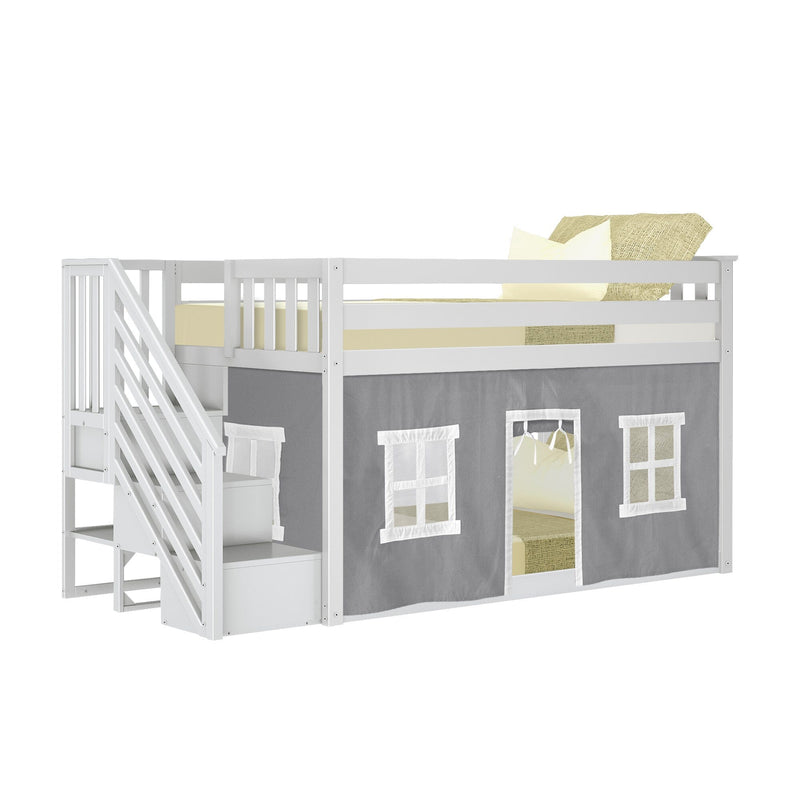 Twin over Twin Low Bunk Bed with Staircase and Curtains