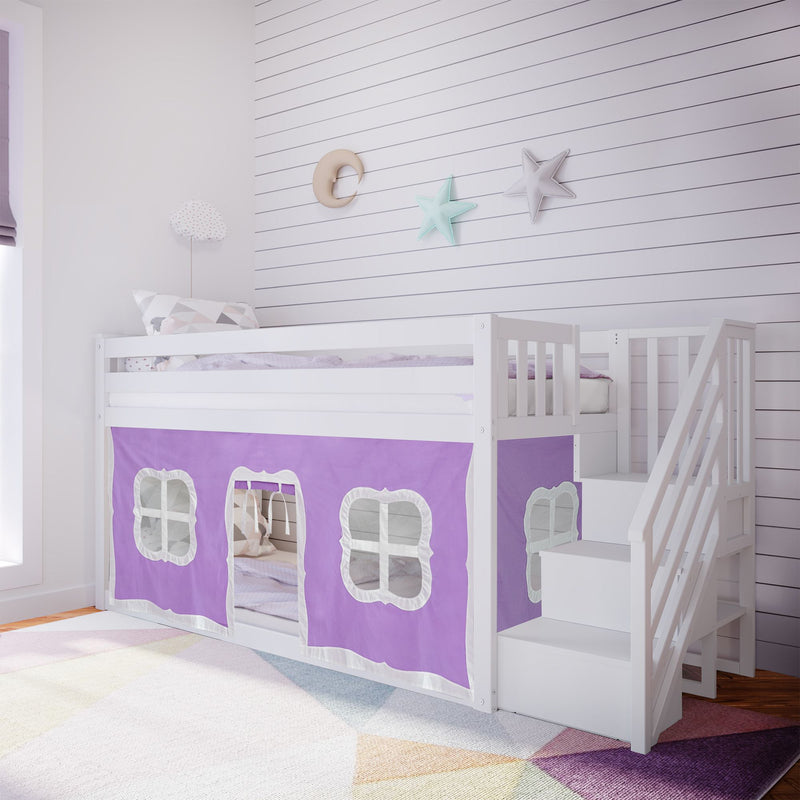 Twin over Twin Low Bunk Bed with Staircase and Curtains