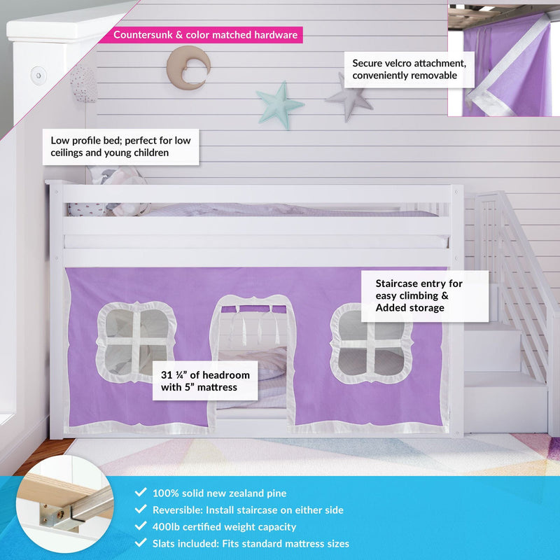 Twin over Twin Low Bunk Bed with Staircase and Curtains