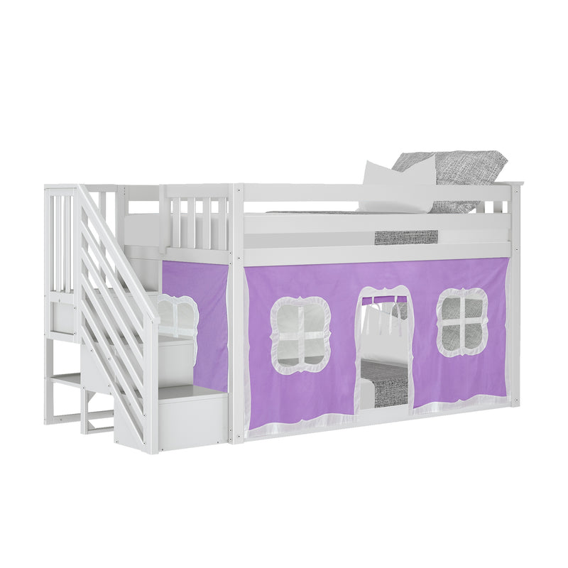 Twin over Twin Low Bunk Bed with Staircase and Curtains